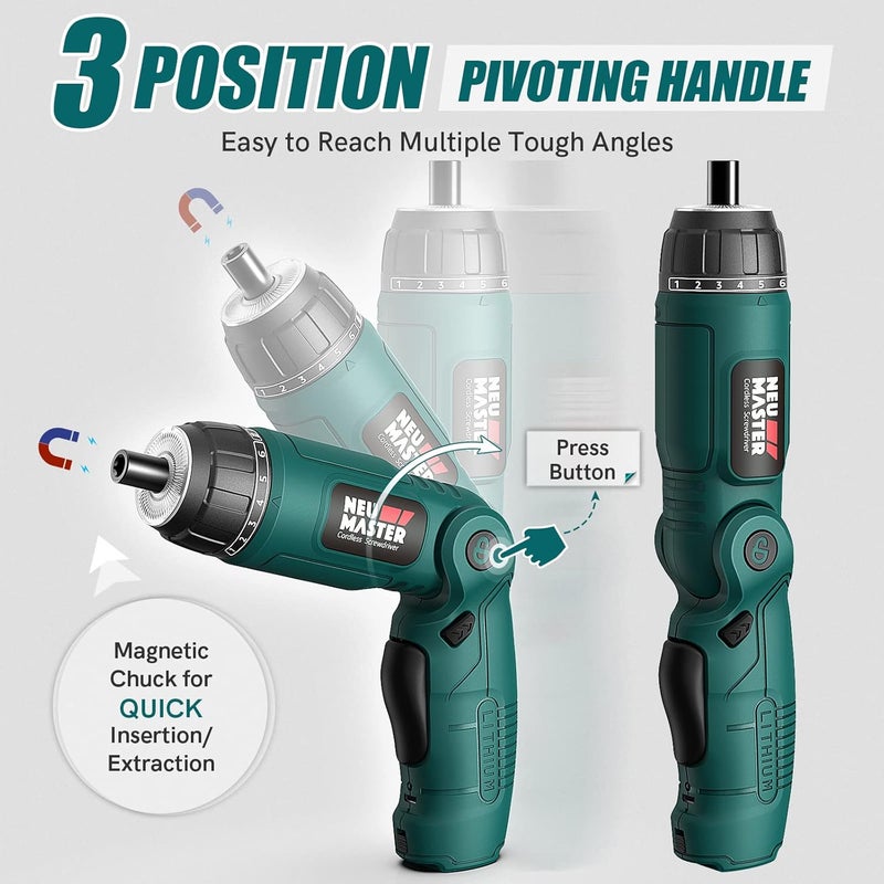 NEU MASTER Cordless Screwdriver, 4V Electric Screwdriver Rechargeable Power Screwdriver With Pivoting Handle, Front And Rear LED light, 32pcs Bits, 6+1 Torque Setting, 2000 mAh Battery Screwdriver - Image 2